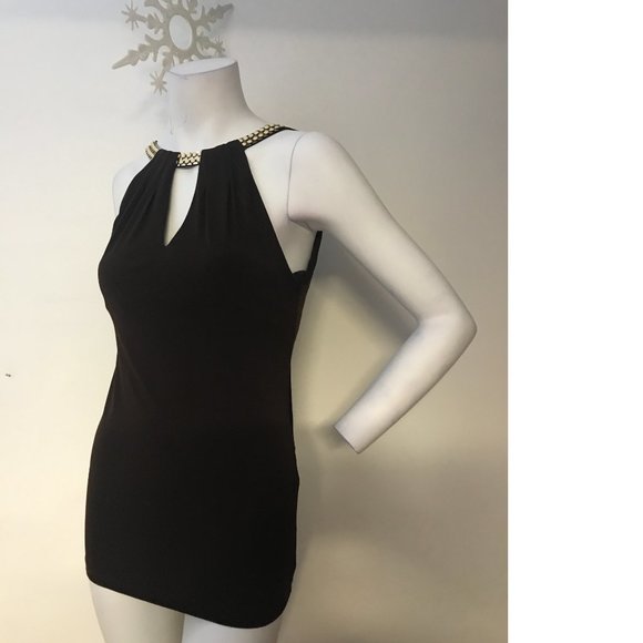 Le Chateau dark Brown halter pica-boo top blouse tank Gold enamel necklace NWT - Picture 2 of 6